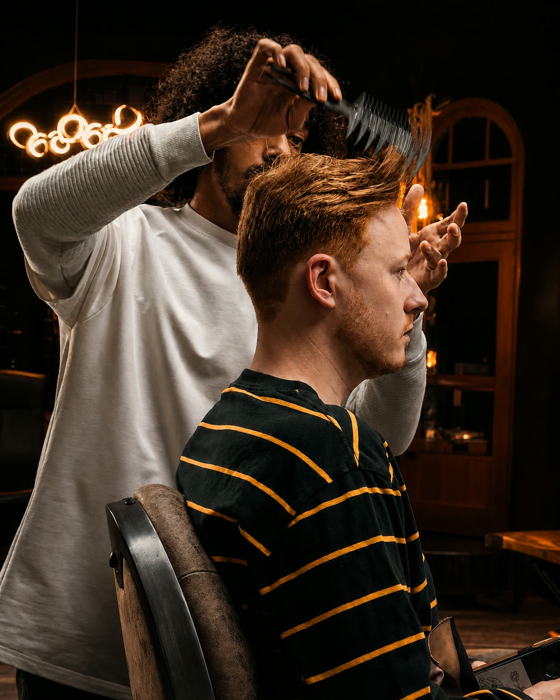 A barber lifts a comb through the hair of a red-haired client in a black and yellow striped polo shirt.