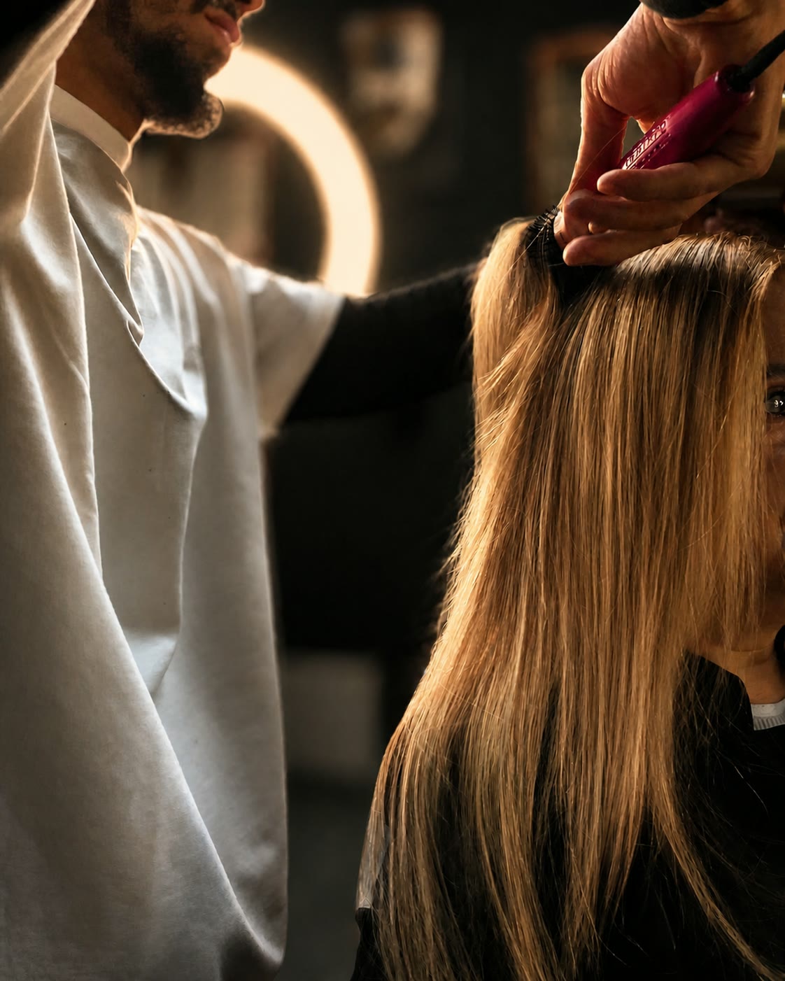 Close on two hands sectioning long blonde hair with a clip under warm light.