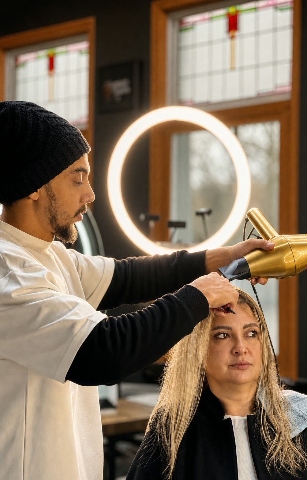 A barber blow-dries a blonde client at the mirror, daylight coming through the leaded windows behind them.